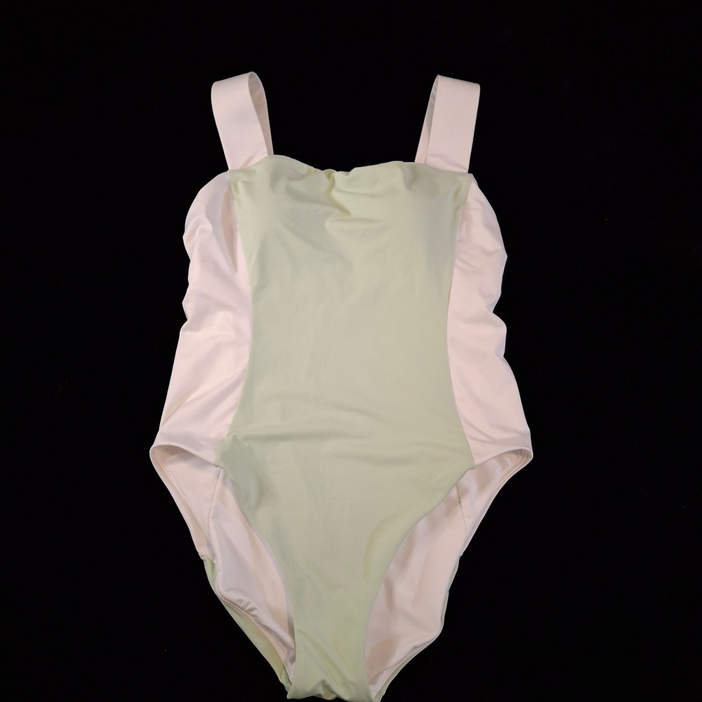 Lands' End Women's 14 Square Neck High Leg One Piece Swimsuit‎ Green White